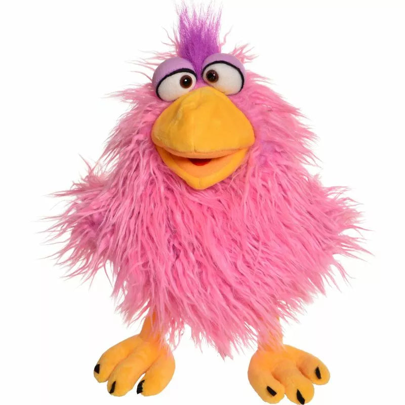 A pink plush toy bird with purple feathers, Living Puppets Pfrädarike Hand Puppet, that can be used as a puppet for storytelling in a classroom environment.