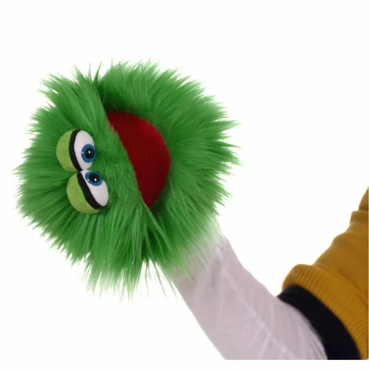 A person wearing a yellow and white striped shirt uses a Living Puppets Blappermouth Hand Puppet with large googly eyes and a red mouth on their hand.