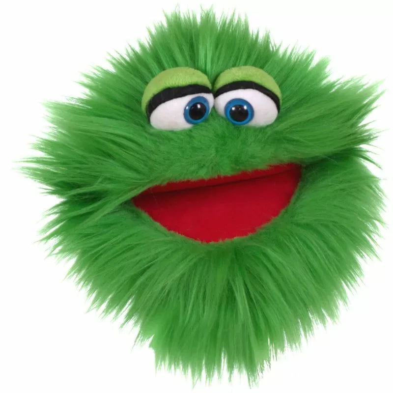 A bright green, fluffy round Living Puppets Blappermouth hand puppet with large expressive eyes and a wide, red smiling mouth. The puppet has a playful and friendly appearance.