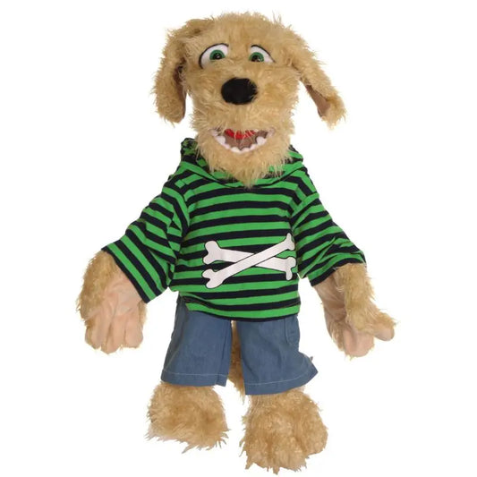 Bosse the large Dog Hand Puppet – 65cm is a tan, plush dog puppet in a green and black striped hoodie with white crossed bones and blue shorts, upright with an open mouth and floppy ears—great for interactive storytelling.