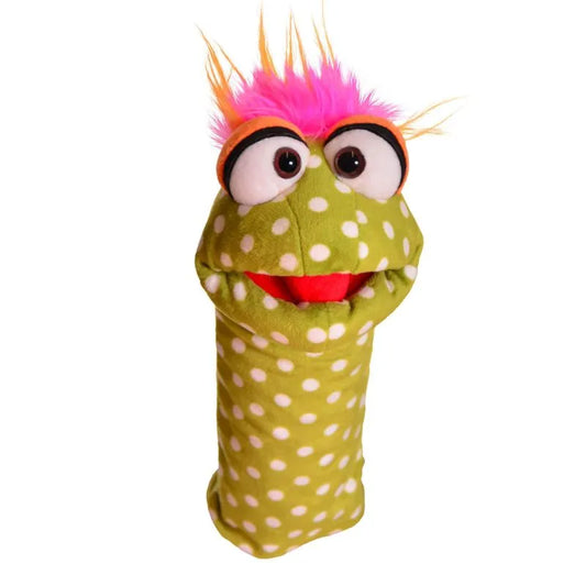 The Living Puppets Brabbel Hand Puppet features green fabric with white polka dots, big googly eyes, pink and orange fuzzy hair, and a wide red mouth—perfect for creative play—shown on a plain white background.