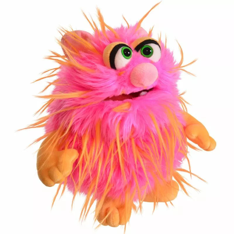 A vibrant pink Living Puppets Monster Hand Puppet Daddel with fluffy fur, large green eyes, and a whimsical expression.