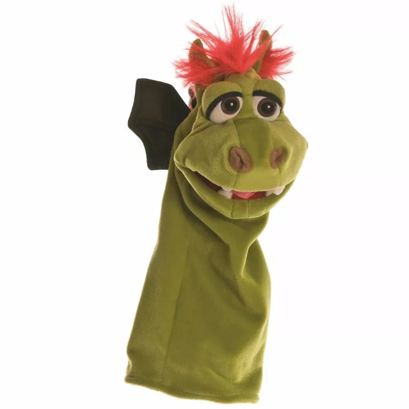 A playful Living Puppets Gregor the Dragon Hand Puppet with red hair and an amusing expression isolated on a white background.