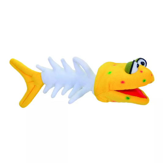 A kids' puppet show featuring a Living Puppets Fish Hand Puppet adorned with a skeleton.