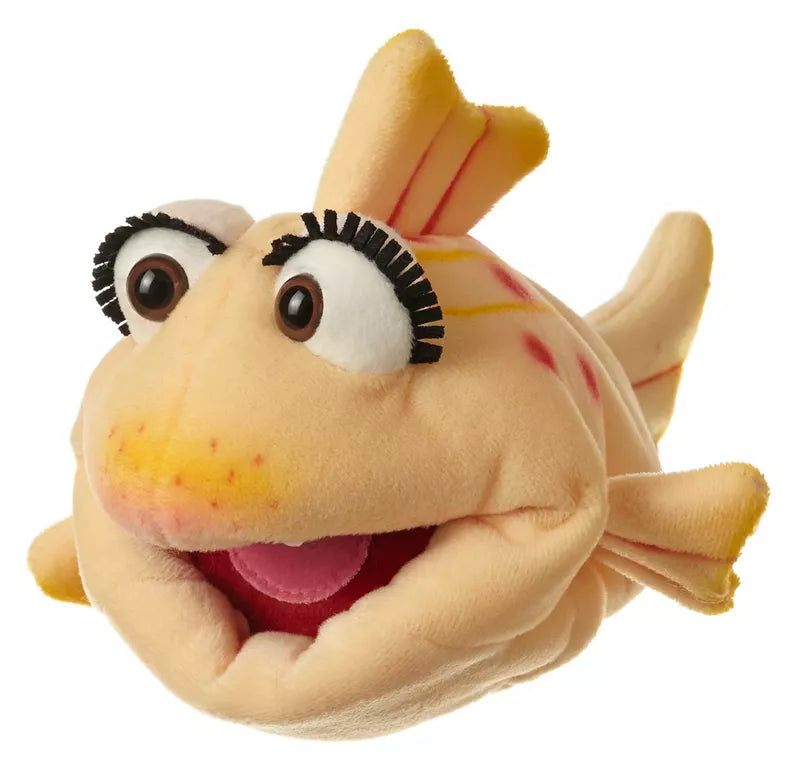 A plush toy with a Living Puppets Flupsi the Fish Puppet on its head, perfect for kids who love puppet shows.