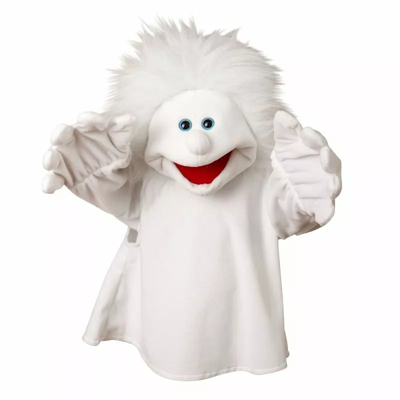 A 65cm hand puppet with white hair and blue eyes perfect for kids' puppet shows.