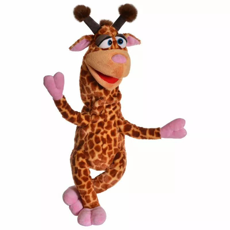 A Living Puppets Eberhardt Hand Puppet with cartoonish features and a mouth moving puppet mechanism, standing upright with a happy expression.