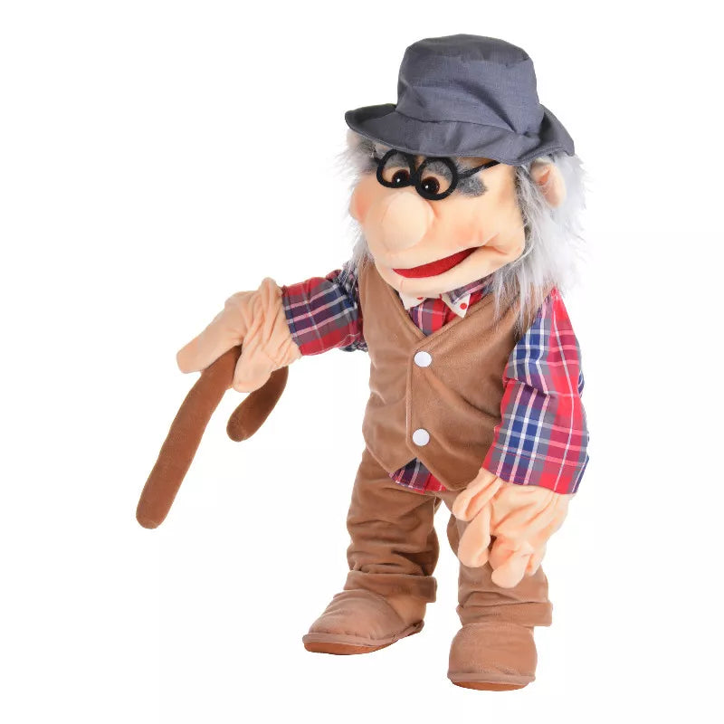 A 65cm hand puppet dressed as an old man holding a cane for a kids' puppet show.