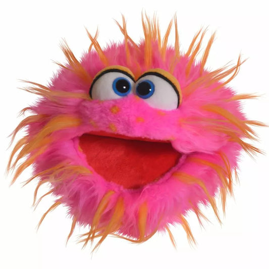 A Living Puppets Monster Hand Puppet Knaller with large, googly eyes and a wide, open red mouth against a white background. The puppet has wild, spiky fur and appears playful and friendly.