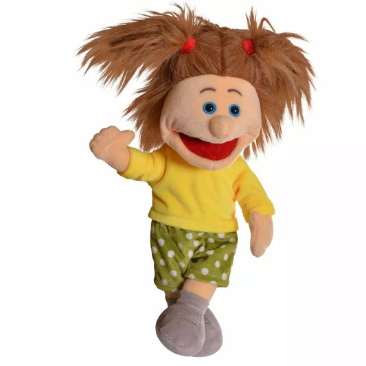 Living Puppets Hanne Hand Puppet, with brown hair tied up in pigtails, wearing a yellow shirt, green polka-dotted pants, and gray shoes, standing with one arm raised