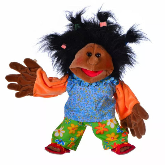A 65cm hand puppet with long hair and colorful clothes perfect for puppet shows that kids will love.