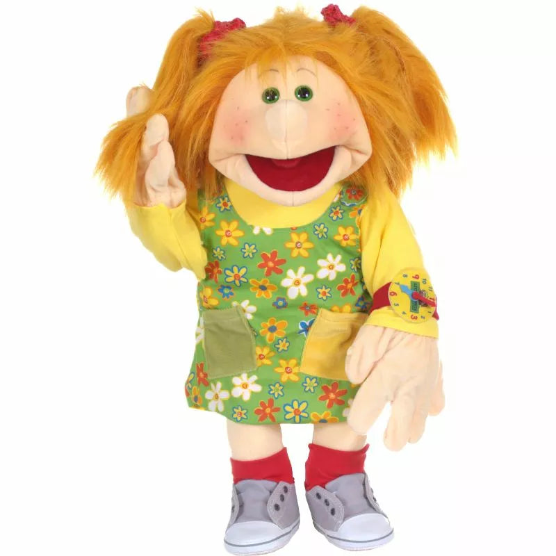 A 65cm Hand Puppet with a green dress and red hair, perfect for kids' puppet shows.