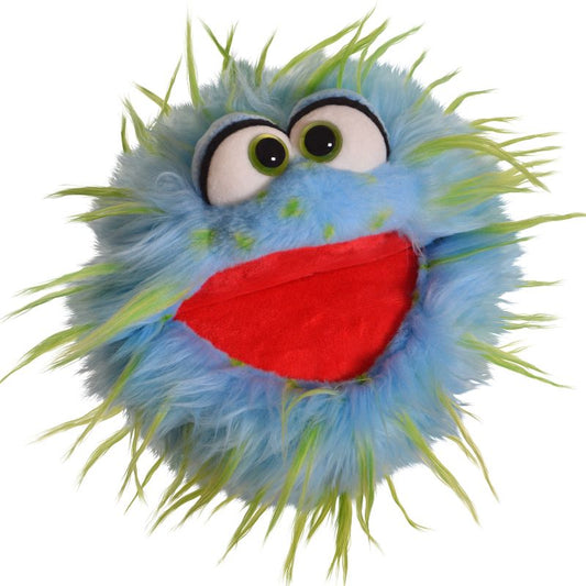 A Living Puppets Monster Hand Puppet Sutsche with green eyes and a red mouth.