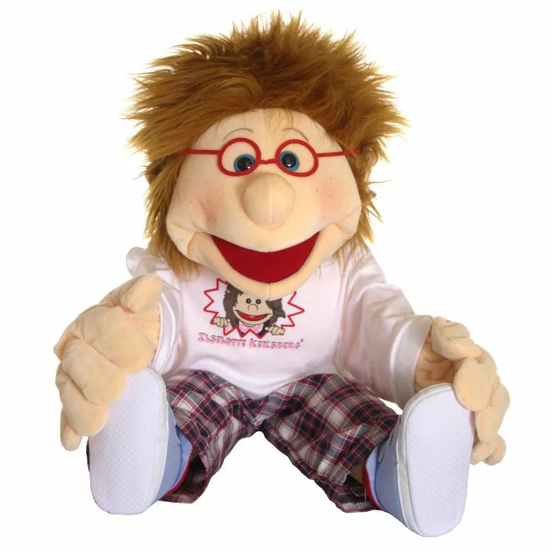 A 65cm hand puppet, Peterchen, wearing glasses and a plaid shirt, perfect for kids' puppet shows.