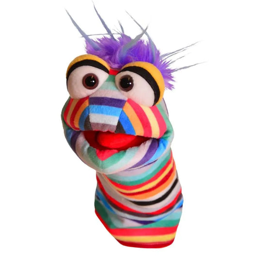 The Living Puppets Schnap Hand Puppet features colorful stripes, big round eyes, black eyebrows, a red mouth, and tufted purple hair—perfect for imaginative play and shown against a plain white background.