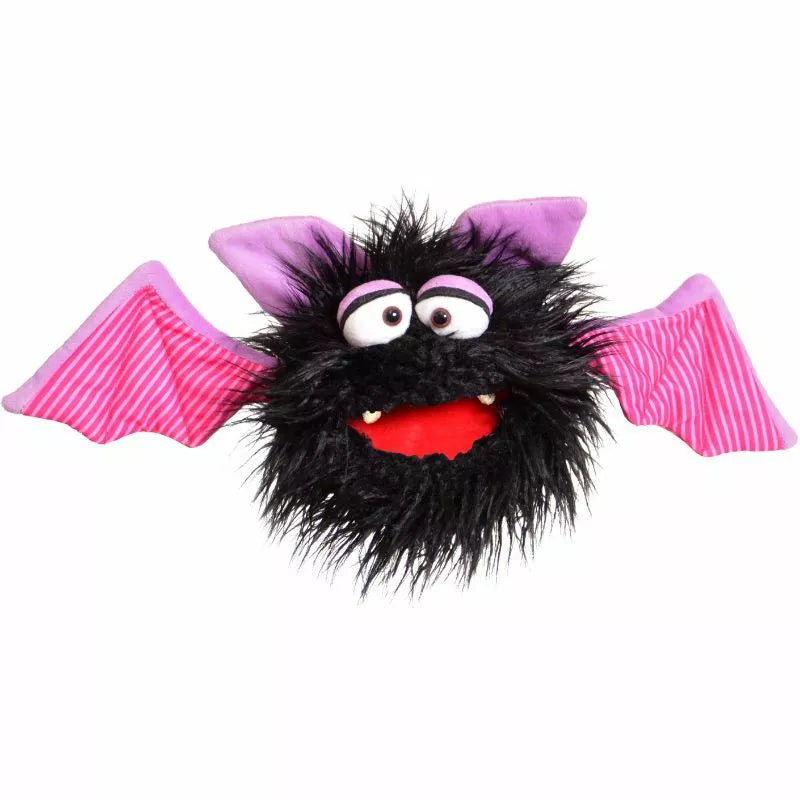 A purple-winged hand puppet by Living Puppets for kids to use in puppet shows.
