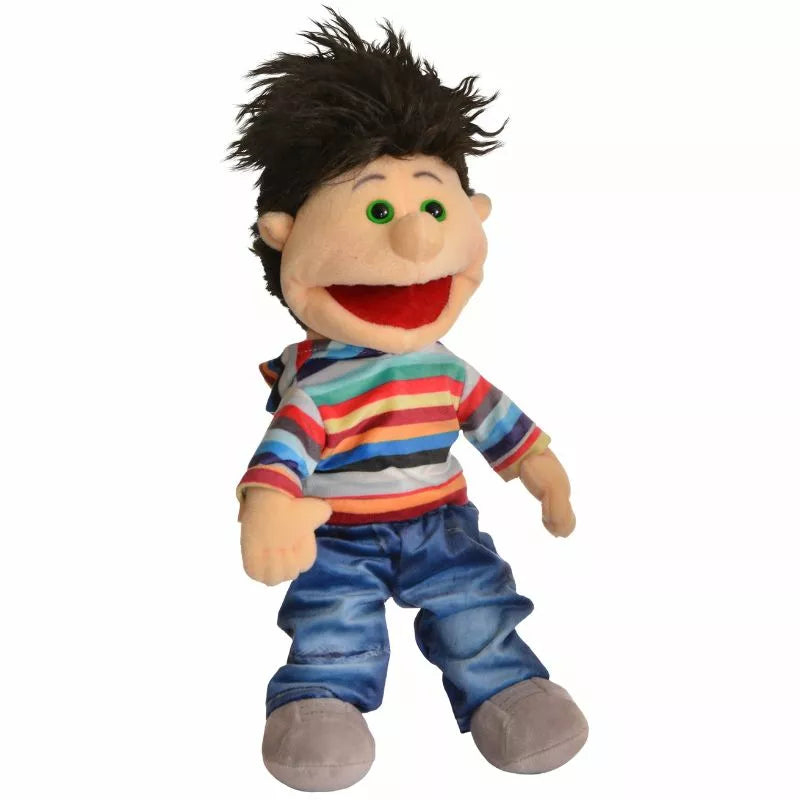 A colorful striped-shirt Living Puppets Toffi Hand Puppet with messy black hair and bright green eyes, wearing jeans and grey shoes, perfect as a children's toy.