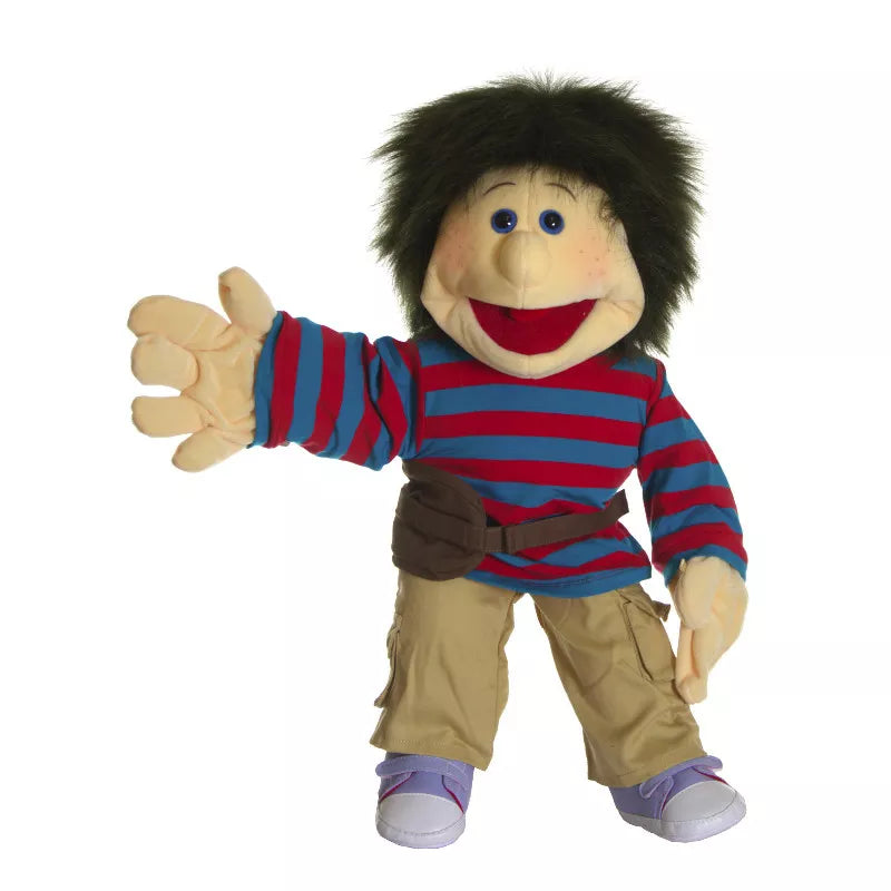 A kids' puppet show featuring a Chrischi hand puppet with long hair and a striped shirt.