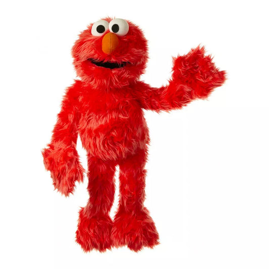 A 65cm hand puppet of Living Puppets Elmo is waving during a kids' puppet show.