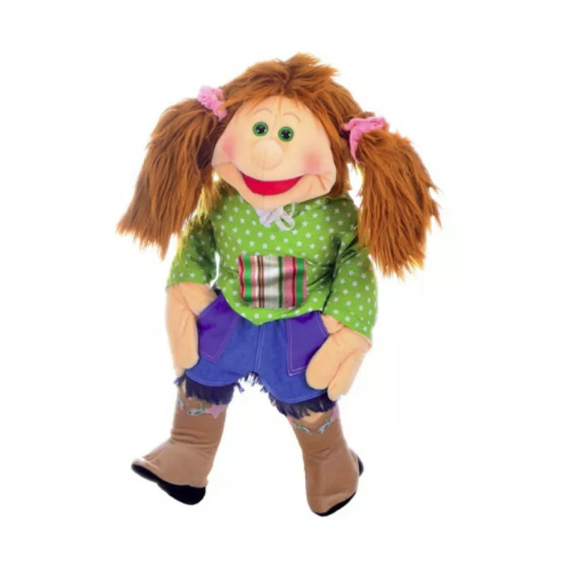 A 65cm hand puppet, Konstantine, in a green shirt and boots perfect for kids' puppet shows.
