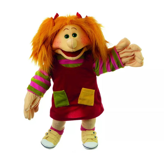 A playful 65cm hand puppet with red hair and a pink dress, perfect for entertaining kids during puppet shows.