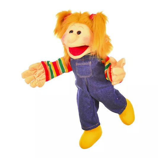 A 65cm Living Puppets Maja hand puppet for kids, featuring long blonde hair and blue overalls.