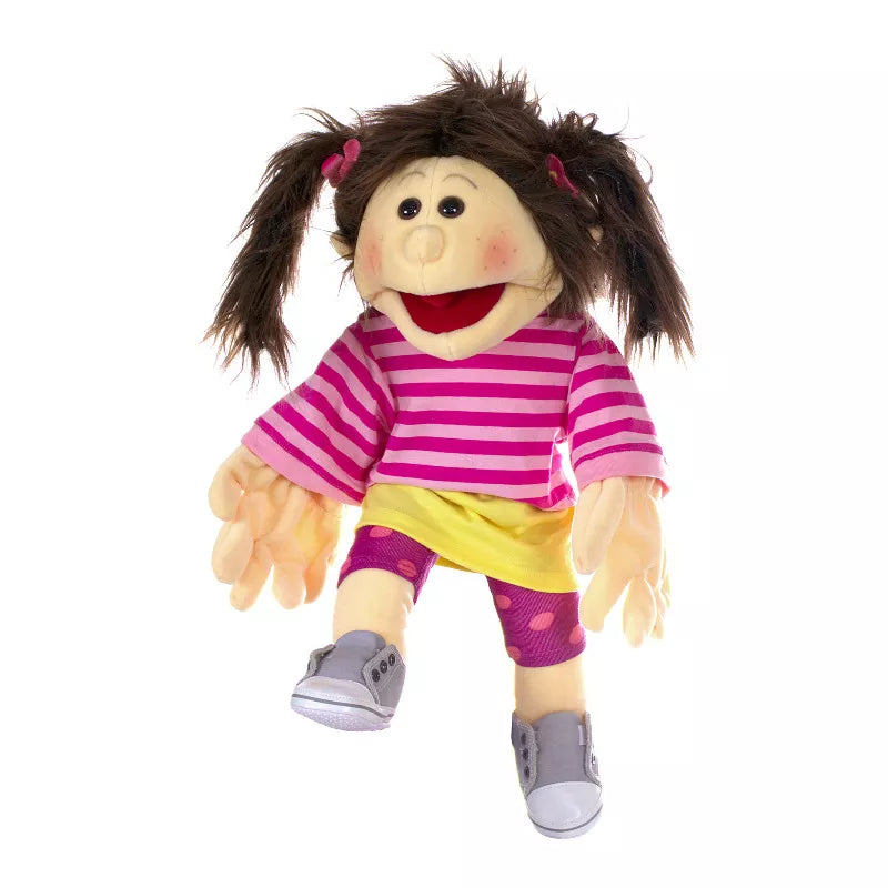 A girl with long hair is jumping with the Living Puppets Hand Puppet 45cm during a puppet show.