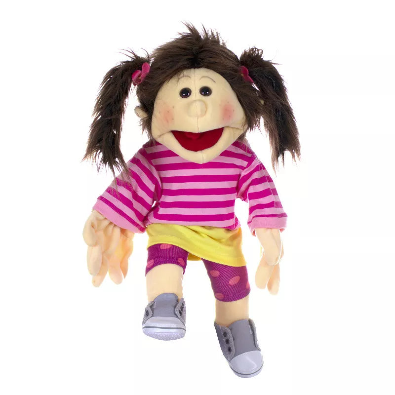 A playful hand puppet for kids during puppet shows, featuring a 45cm Living Puppets Finja with long hair and a striped shirt.