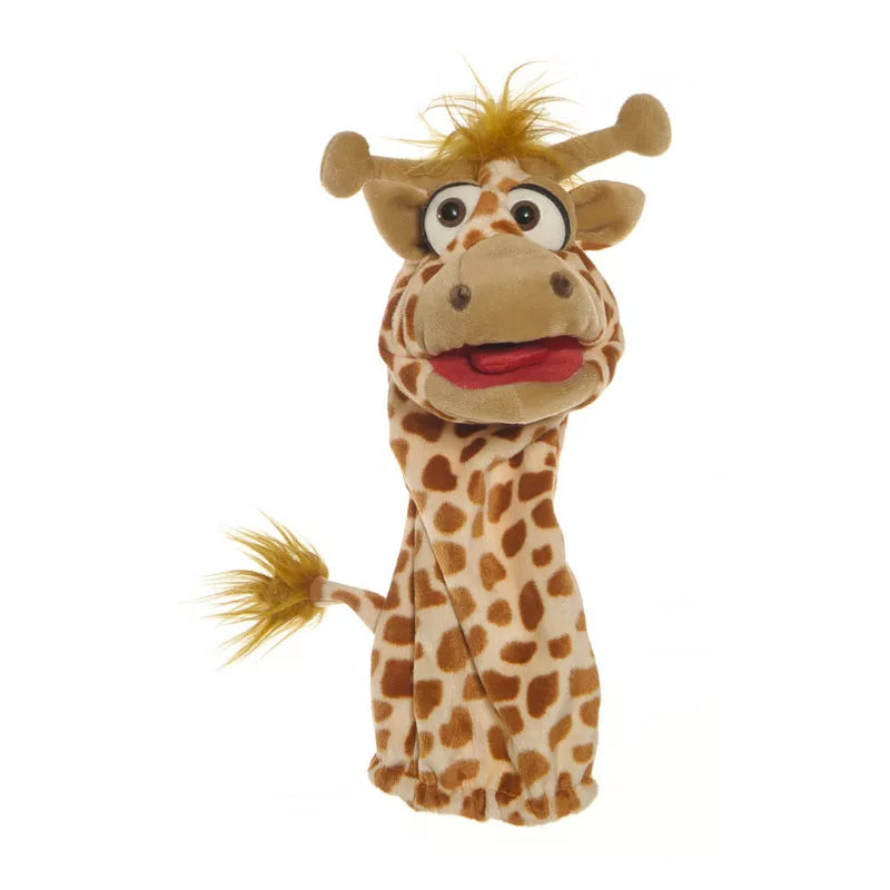 A kids' puppet show featuring a lifelike giraffe puppet with a moving mouth and long hair.