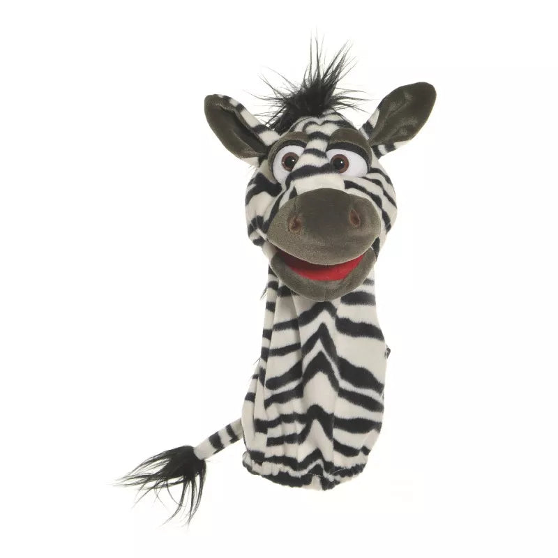 A Kids' Puppet Show featuring a Living Puppets Zebra with a mouth moving on a white background.