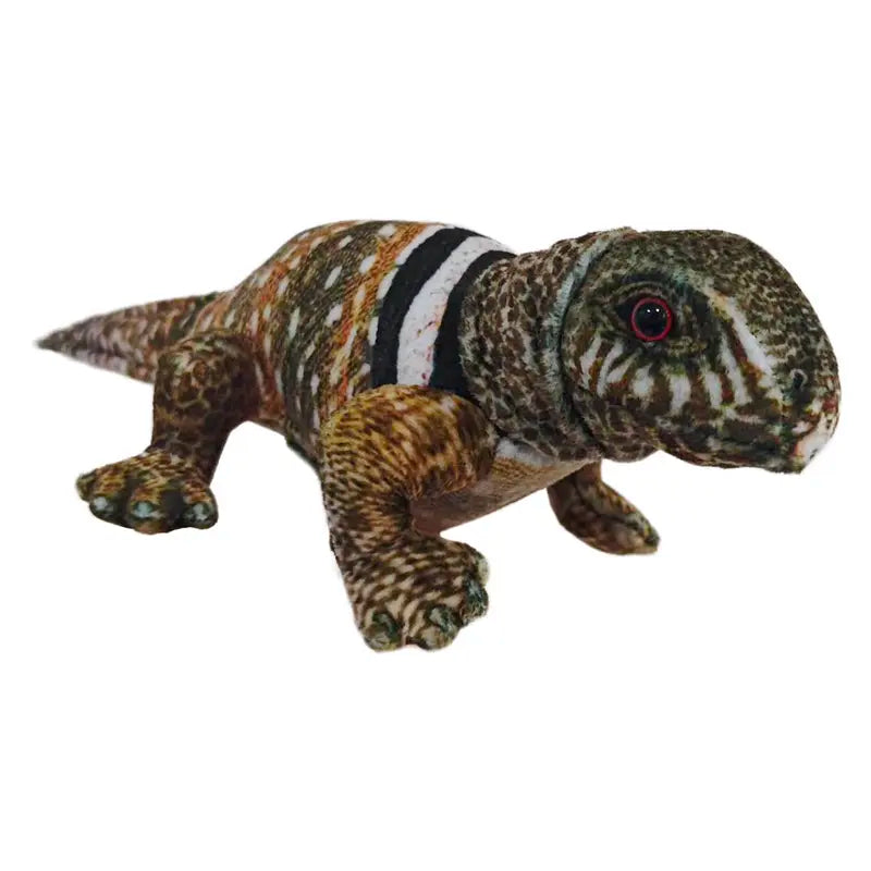 The Puppet Company Lizard Finger Puppet – Little Creatures Range is a plush toy with mottled brown, green, and white coloring, black and white back stripes, and red-rimmed eyes—perfect for nature-loving kids.