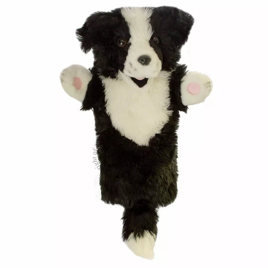 The kids' puppet show features a Border Collie puppet hanging on a white background.