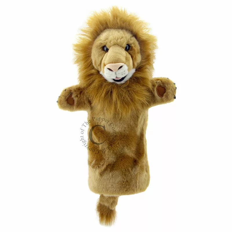 A kids’ hand puppet show featuring a stuffed Puppet Company lion on a white background.