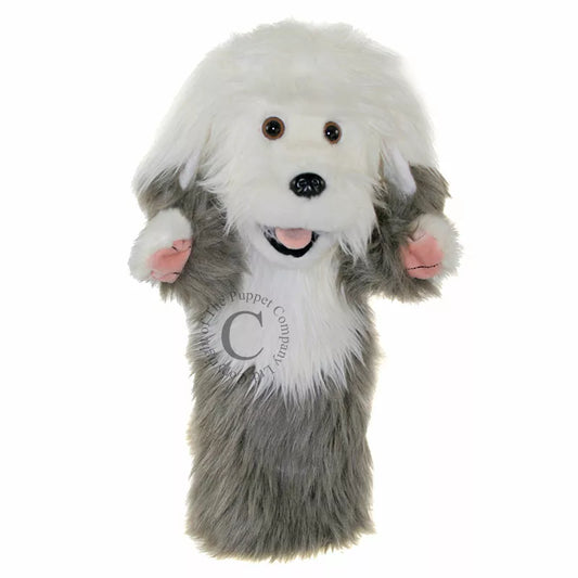 A kids' puppet show featuring a white and gray puppet sheepdog with paws up, set against a white background.