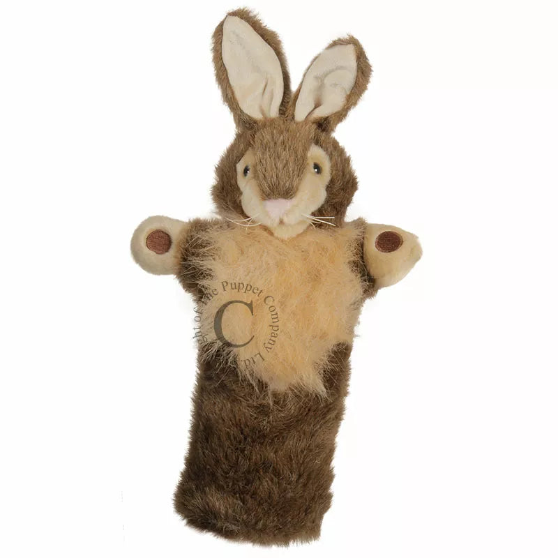 A white The Puppet Company Long Sleeved Rabbit puppet for kids in a puppet show.