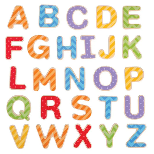 The Bigjigs Magnetic Letters (Uppercase) set includes colorful wooden letters A to Z in four rows, with each letter showcasing unique patterns like stripes, polka dots, and solid colors in vibrant shades of red, blue, green, yellow, orange, and purple. It's a charming educational toy for fun learning.
