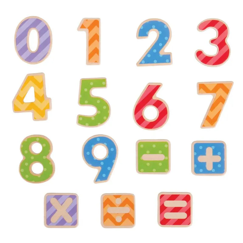 The Bigjigs Magnetic Numbers set includes brightly colored wooden cutouts of numbers 0-9 and math symbols for division, multiplication, subtraction, addition, and equals. Each piece features distinct patterns like stripes, polka dots, and zigzags on a white background to engage young minds.