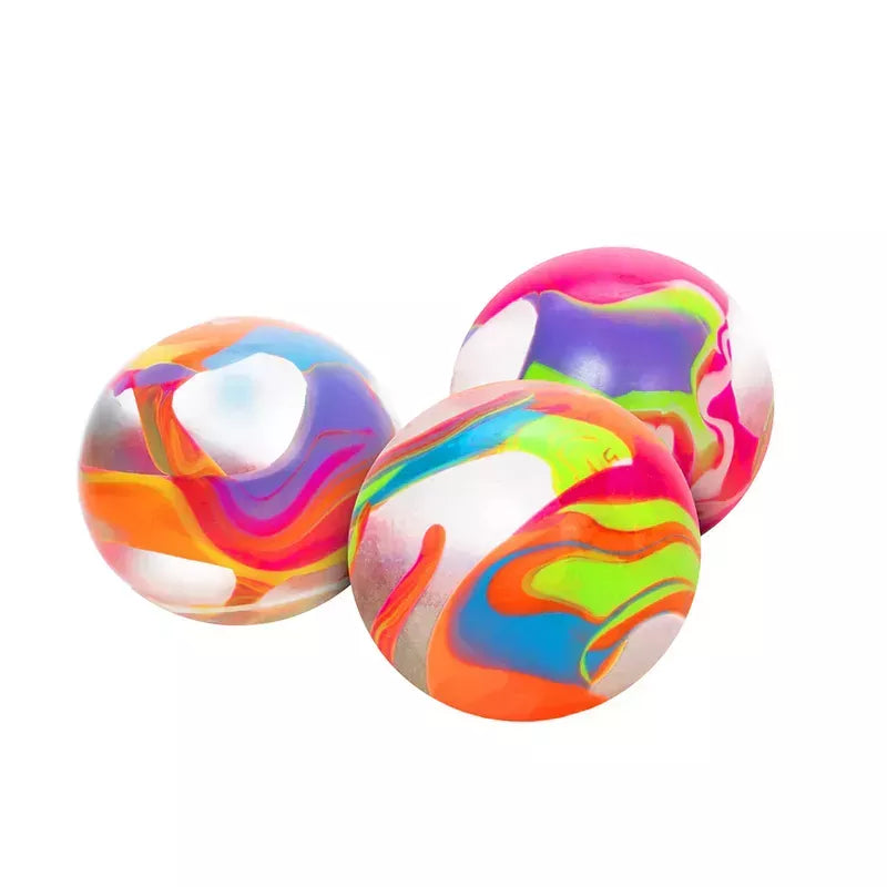 Three colorful Marbleez NeeDoh bouncy balls with swirls of bright colors isolated on a white background.