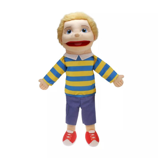 The Puppet Company Medium Boy Light Skin Tone wearing a blue and yellow striped shirt.