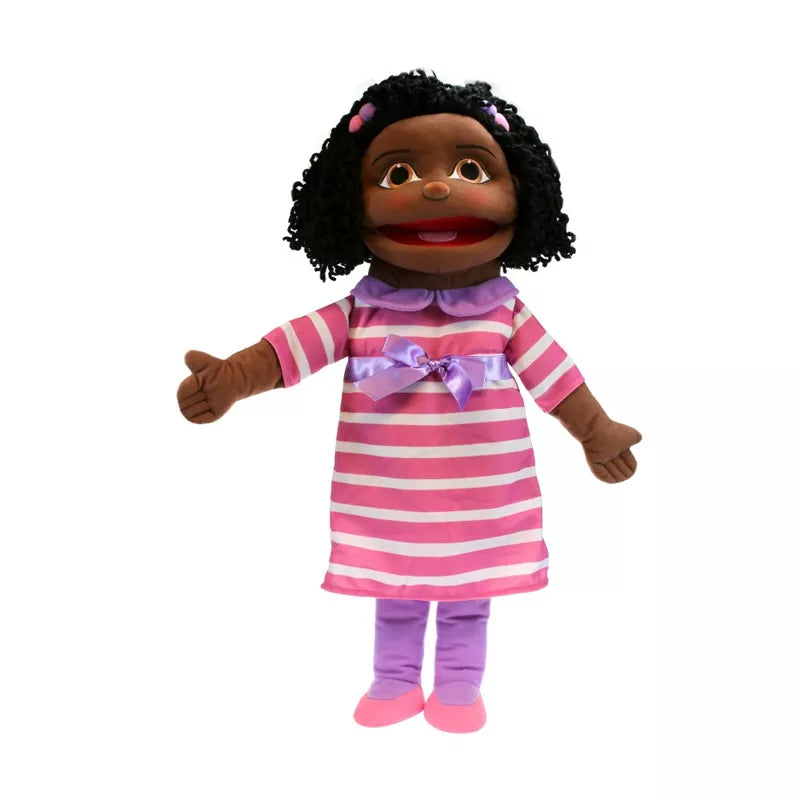 A medium girl puppet with a dark skin tone, wearing a pink dress and black hair, perfect for kids' puppet shows.