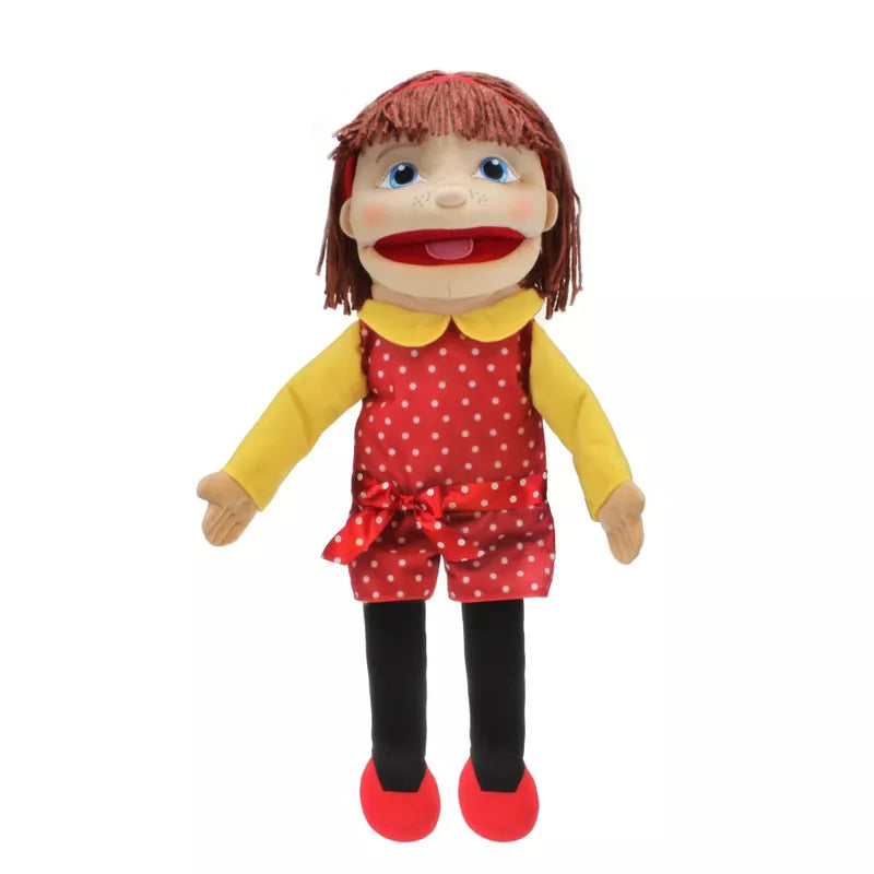 The Puppet Company presents a playful kids puppet show with a charming medium-sized girl puppet featuring light skin tone, red hair, and polka dot dress.