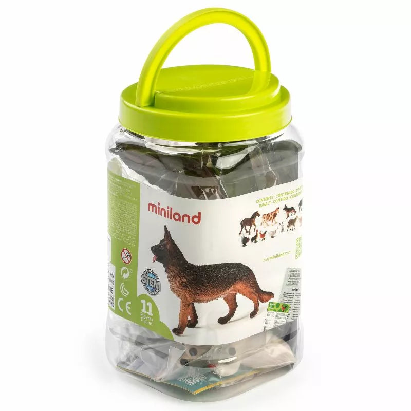 a jar of dog treats with a green lid.