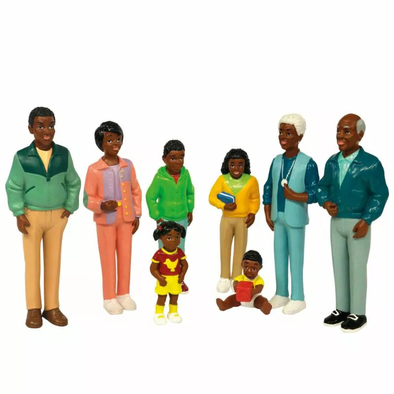 A group of Miniland Figures African Family performing in a puppet show for kids.