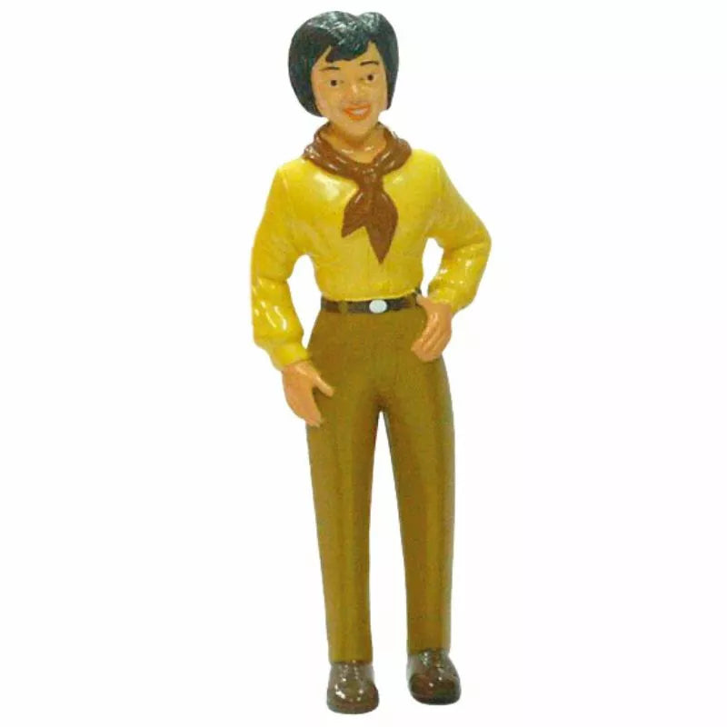 A Miniland Figures Asian Family puppet figurine of an asian woman in a yellow shirt for puppet shows.