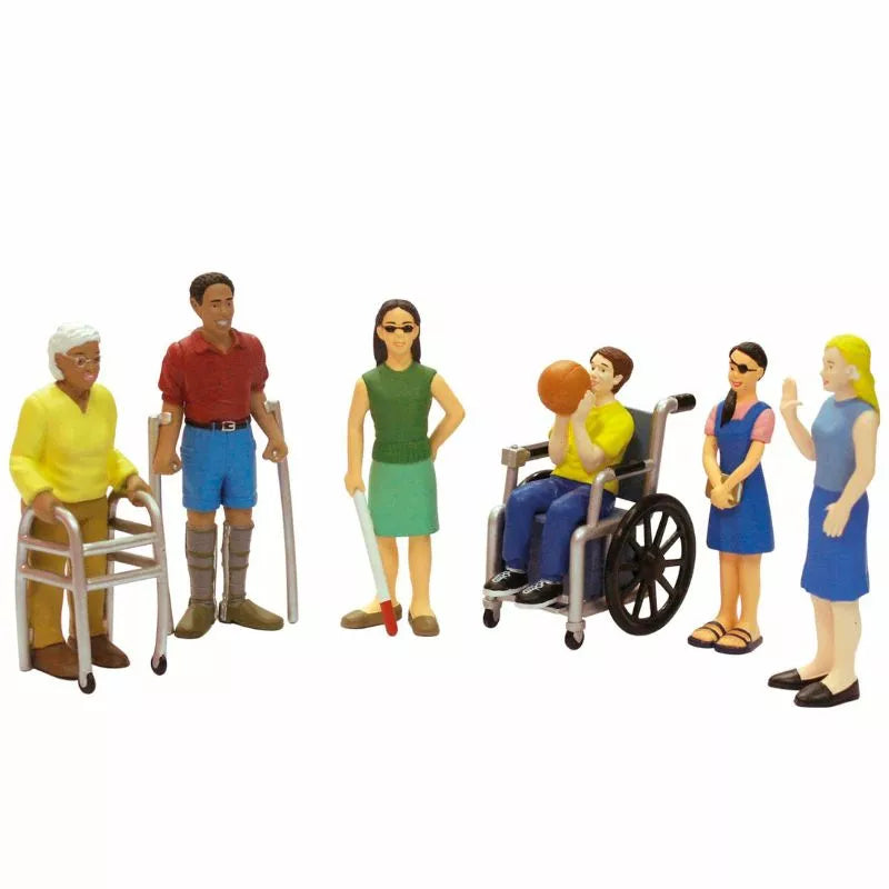 Miniland puppet show featuring diverse kids and puppets, including individuals in wheelchairs, on a white background.