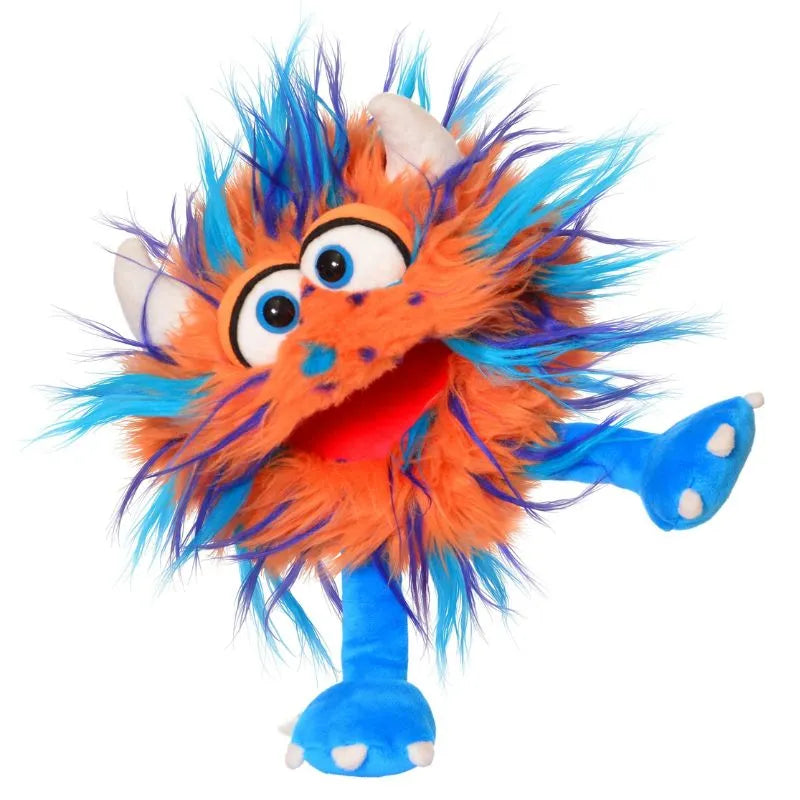 The Living Puppets Nubbels Hand Puppet features orange and blue fur, big round eyes, horns, blue arms and legs, and a red open mouth—perfect for imaginative play with its playful look.
