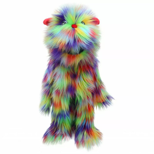 The Puppet Company Rainbow Monster is a colorful puppet that captivates kids during puppet shows.