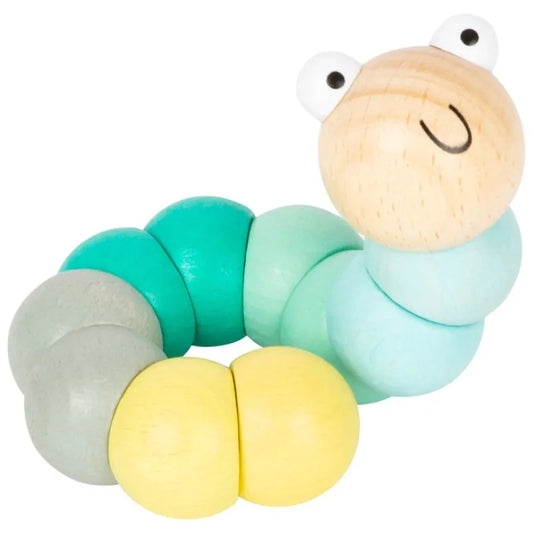 The Motor Activity Caterpillar Pastel Blue is a traditional wooden toy with pastel blue, yellow, gray, and green segments and a smiling face—ideal for encouraging fine motor skills.