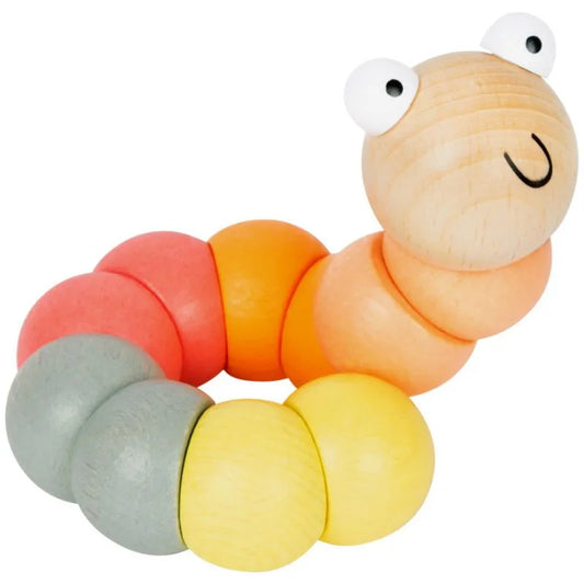 The Motor Activity Caterpillar Pastel Orange is a segmented wooden toy in red, orange, yellow, and gray that helps develop fine motor skills. Its light wood head with painted eyes and a smile adds extra charm.