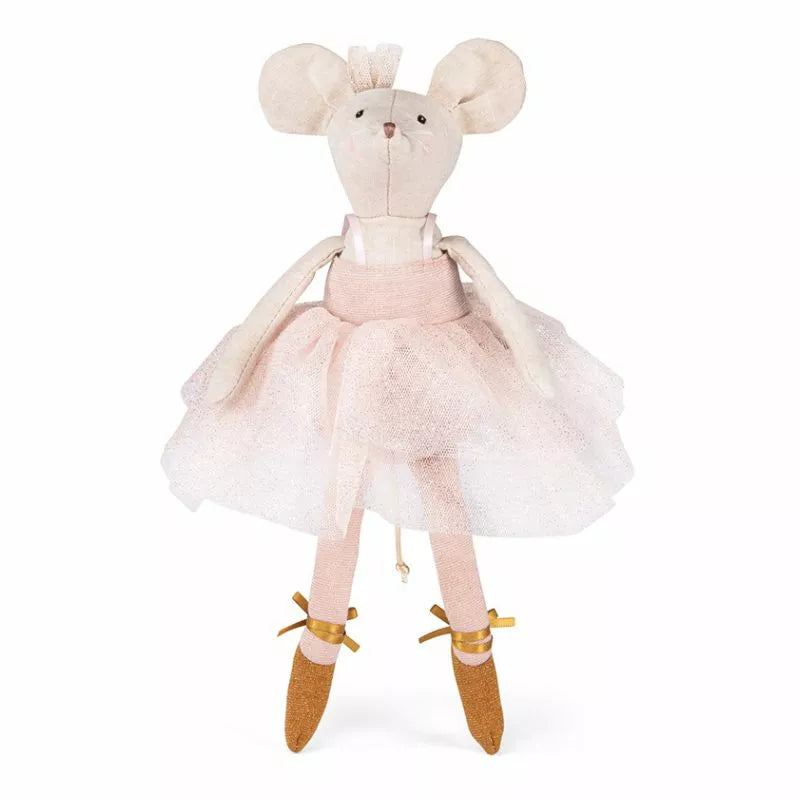 a Moulin Roty Tutu Suitcase wearing a pink dress and ballet shoes.